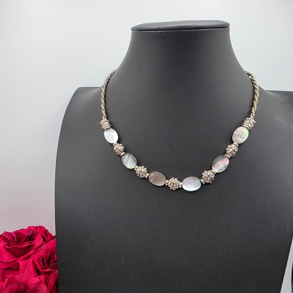 Brighton Silver Tone Black Mother of Pearl Iridescent Scroll Station Necklace